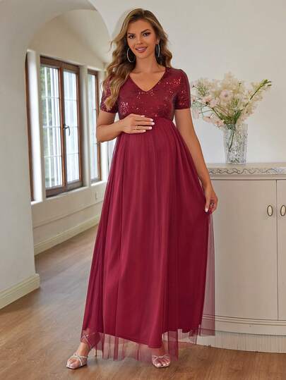 Joyfunear 孕妇亮片装饰简约日常网眼短袖连衣裙