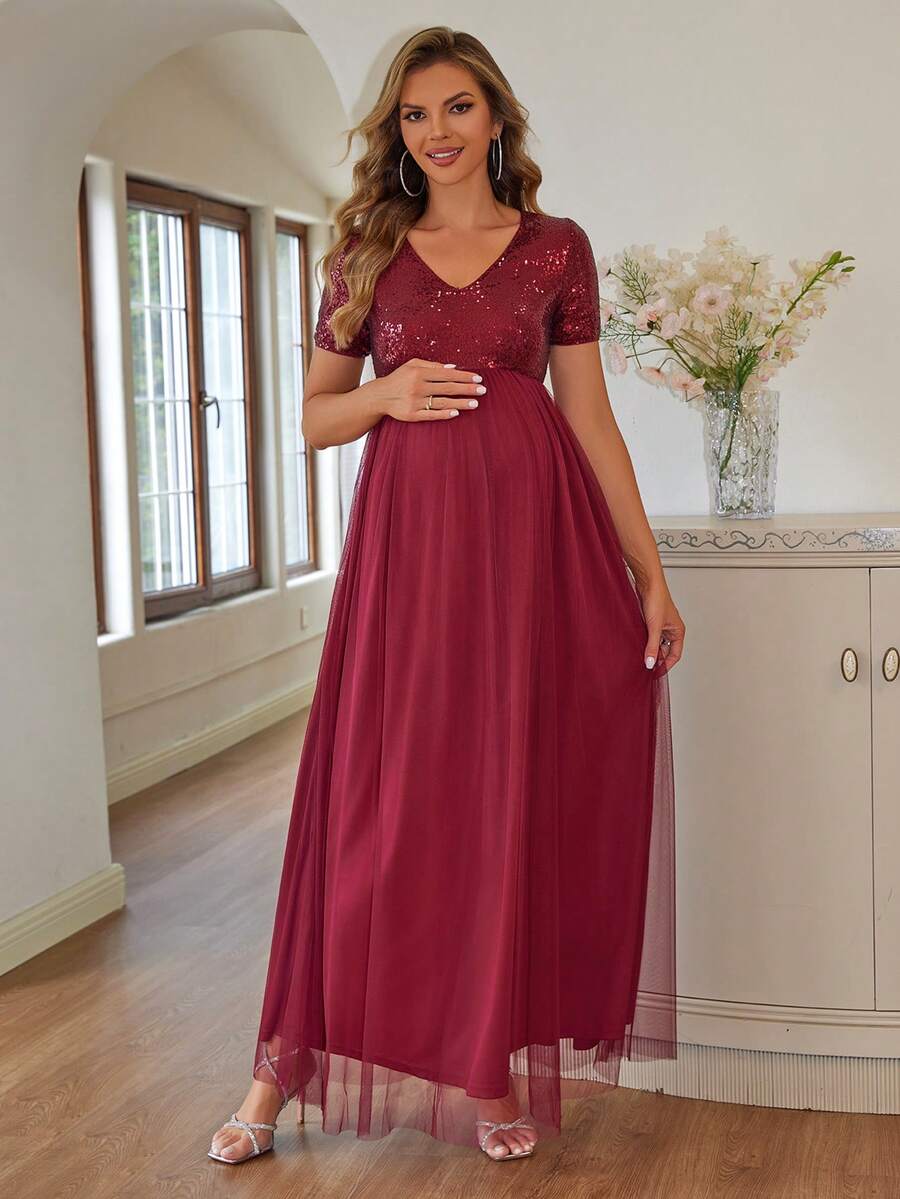 Joyfunear 孕妇亮片装饰简约日常网眼短袖连衣裙