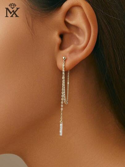 1 Pair Of 925 Sterling Silver Personalised Zirconia Pave Bar Chain With Tassel Pendant And Earwire Earrings