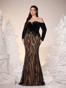 Mgiacy-POP,New Arrival,Off Shoulder,Elegant,Large Size Evening Gown Dress,Asymmetric,Sequin,3D Floral,Sequin Splicing,Package Hip,Mermaid Hem Dress,FOR,Prom Wedding,Party Dress,Wedding Guest Dress,Evening Dress(Non-Positioning) - Black - View 3