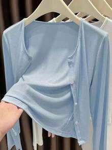 女士不对称纽扣针织开衫，长袖轻薄披肩领外套，黑色/白色/灰色/粉色可选，适合搭配连衣裙