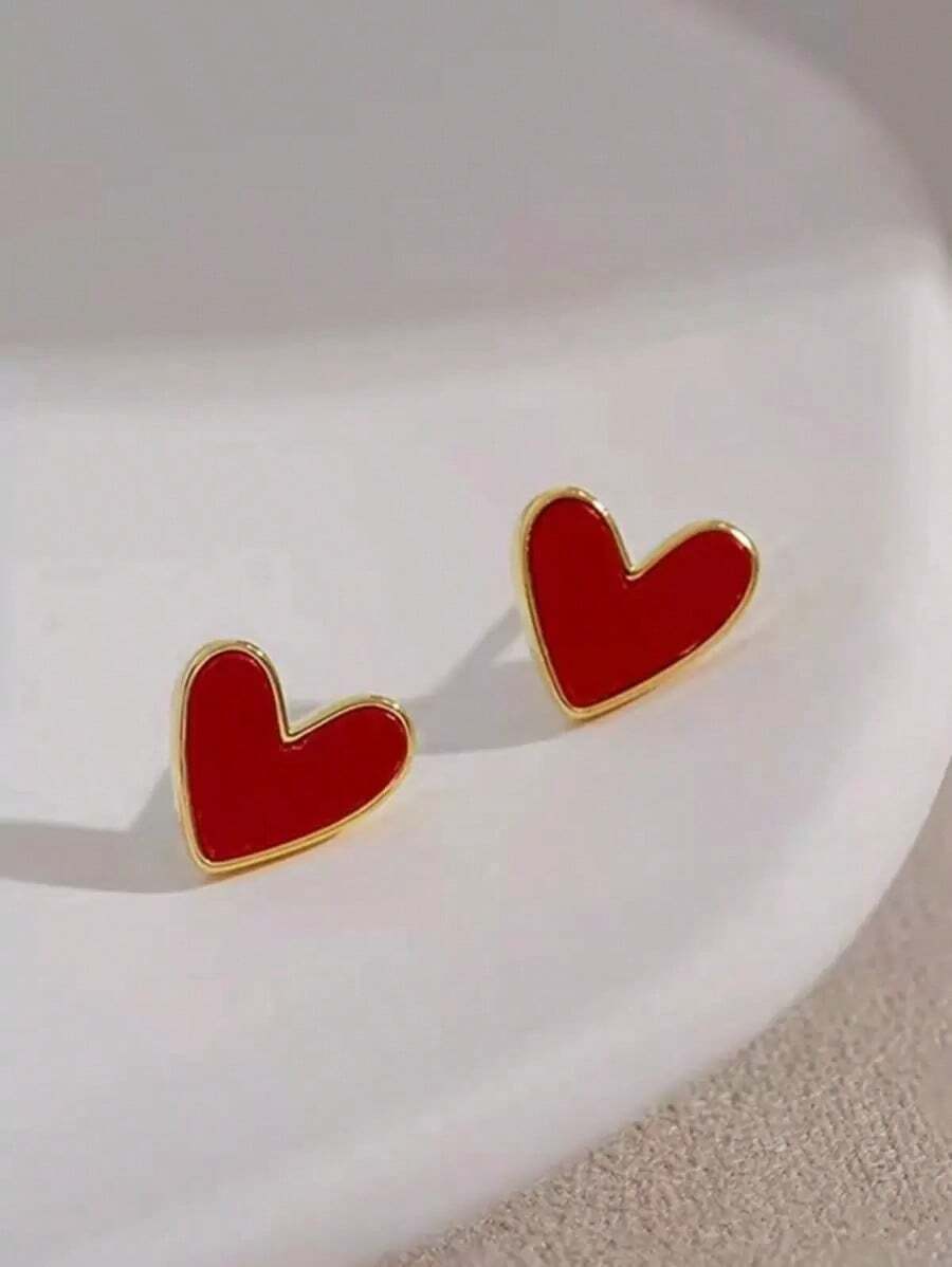 1 Pair Heart Shaped Stud Earrings For Women – Cute And Comfortable Daily Wear Jewelry, Perfect Gift For Valentine's Day, Mom, Mother's Day, And Special Occasions - Đỏ - Xem 1