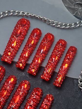 CrystalHola Christmas Nails 10 Pcs Handmade Fake Nails Press On Nails, French Tip Nails, Extra Long Nails With Full Coverage Red Rhinestones, Glitter Holiday Nails, Y2K Light Luxury Nails, Suitable For Music Festival Parties And Daily Wear, Fall And Winter, A Good Gift For Girls And Women Halloween Nails