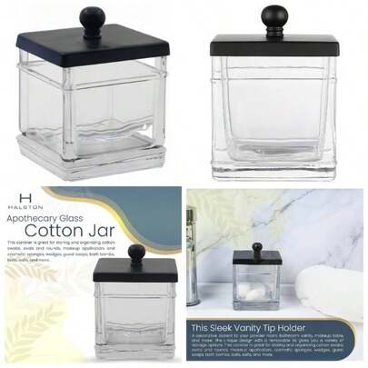H Apothecary Glass Cotton Jar Holder Qtips, Cotton Balls, Floss, Storage Canister, Bathroom Organization, With Matte Black 304L Stainless Steel Lid, Vanity Organizer