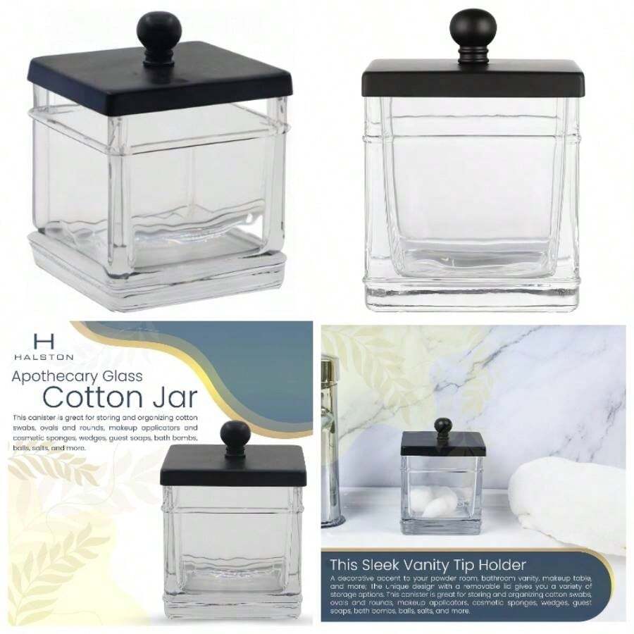 H Apothecary Glass Cotton Jar Holder Qtips, Cotton Balls, Floss, Storage Canister, Bathroom Organization, With Matte Black 304L Stainless Steel Lid, Vanity Organizer - Negro - - Ver 1