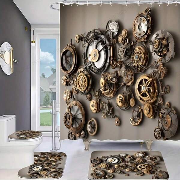 1/4 Pcs Steampunk Bathroom Decor Set, Waterproof Polyester Bathroom Decor, Machine Washable, Includes Shower Curtain, Non-Slip Bath Mat, Toilet Lid Cover, Bath Rug And 12 Hooks, Home Decor Accessories