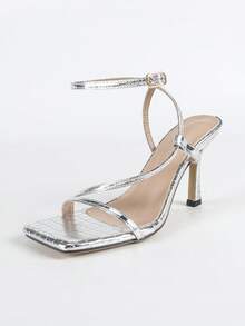 Sandalias de tacón alto para mujer en color plata, tacones de gatito sexy con punta cuadrada y correas, sandalias deslizantes de unicolor versátiles para uso diario con tacones altos delgados, sandalias de tacón alto para bodas y novias, elegantes zapatos de mujer con tacón de copa de plata pura para fiestas y festivales, nuevas sandalias deslizantes de tacón alto para uso formal en verano, elegantes sandalias de tacón alto con correa de tobillo para citas (textura asimétrica de piedra aleatoria)