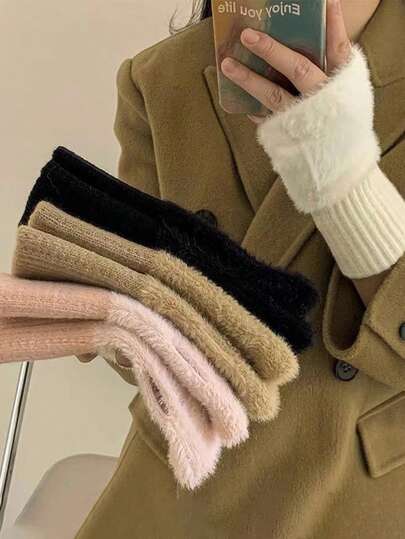 1 Pair Women's Winter Gloves, Warm Knitted Fingerless Half-Finger Cute Cycling Exposed Finger Thickened Adult Gloves, Solid Color Fuzzy Fingerless Gloves, Suitable For Outdoor And Casual Daily Wear