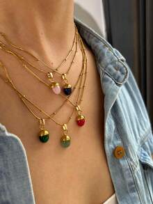 1pc Fashionable Stainless Steel Flat Oval Colorful Mini Stone 18k Gold Waterproof Versatile Women Necklace