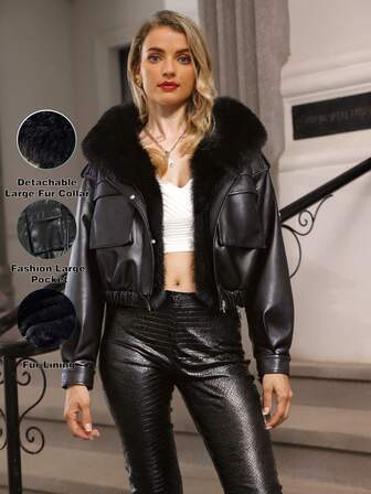 Astrid High End Detachable Large Fur Collar Short Fashion Autumn And Winter Warm Hooded Women's Leather Jacket