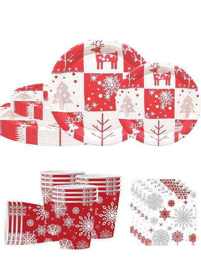 [New Arrivals For Christmas] Christmas Themed 80pcs/Set Disposable Cutlery Set, Including 7-Inch Paper Plates, 9-Inch Cardboard, 9-Ounce Cups, Napkins, Suitable For Daily Gatherings, Birthday Parties, Bridal Showers, Baby Showers, Clubs, Weddings, Tea Parties, Picnics, Outdoor Outings, And Themed Parties.