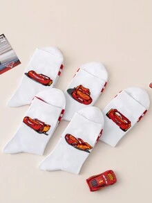 Disney 5双装汽车提花图案男士船袜，黑白条纹，可爱卡通图案，防臭吸湿，休闲运动圆领卡通设计，适合学生/成人作为礼物和日常穿着，袜子 - 彩色 - 查看 5