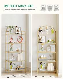 Bookcase Bookshelf, Tempered Glass Bookshelves, Slim Shelving Unit For Bedroom, Bathroom, Home Office, Steel Frame, 5 Tier Gold/6 Tier Gold - 金色 - 查看 5