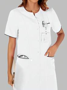 cimmuovere 女式圆领短袖前开口袋手术服护士服工作服牙医保健宠物医院实验室连衣裙