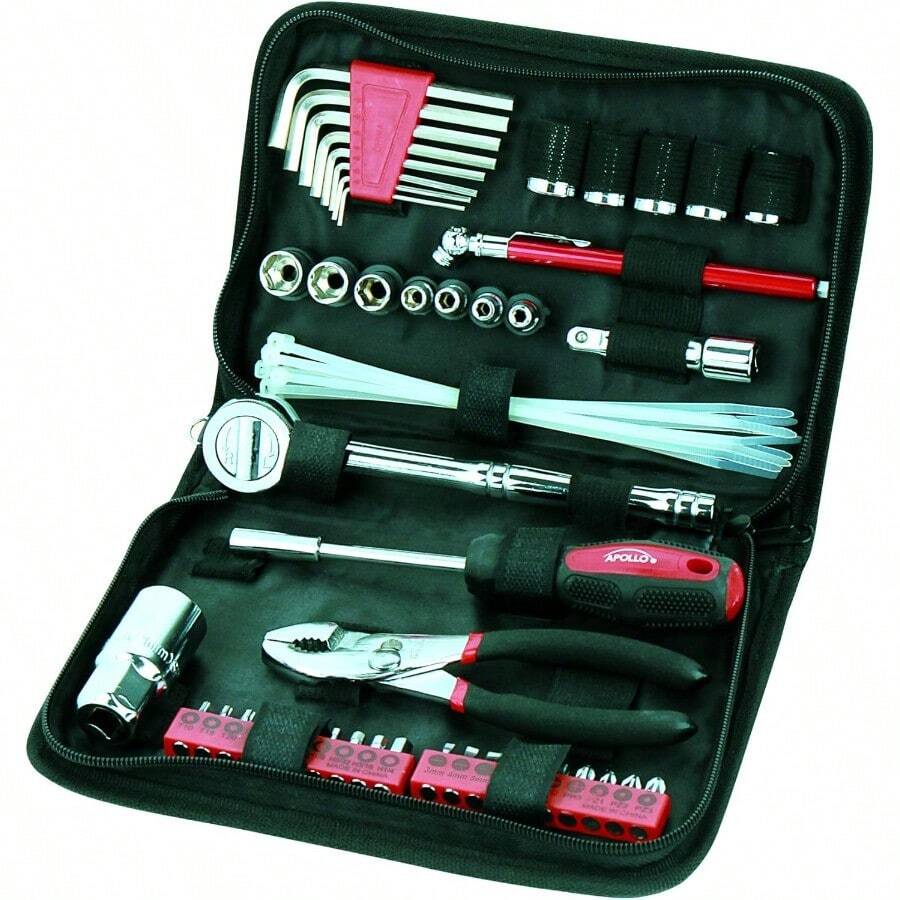 APOLLO TOOLS 56 Piece Compact Metric Auto Tool Set In Zippered Case Small Mechanic Tool Set For Car Emergency Motorcycle Repair On The Road And Travel Tool Needs DT9775 - Red - View 1