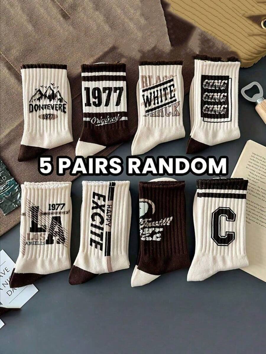 5 Pairs Of Revival Style Socks, Wardrobe Items, Script Detailing, Adaptable, Cozy Construction, Backyard, Fitness, Long-Lasting Nature, Entirely Polyester Fibers, 440 GSM Weight, Care: Hand Wash Or Commercial Dry Clean, Knitted Product. - 混合色 5雙裝 - 查看 1