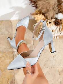 Silver Pointed Toe Strap Buckle Simple Versatile Fashion High Heel Pumps - Silver - View 3