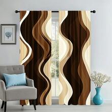2D Flat, 2-Piece Festive Christmas Decor Window Curtains, Digital Print With Abstract Brown Wavy Pattern, Christmas Window Curtain Gift For Bedroom, Living Room, Office, Night Curtain Suitable For General Festivities And Winter Holiday Parties, Perfect For Living Room, Kitchen, Bedroom, And Holiday Winter Decor, Outdoor Christmas Decorations, Rod Pocket Design, Fade-Resistant, Xmas Artistic Style - 彩色 - 查看 3