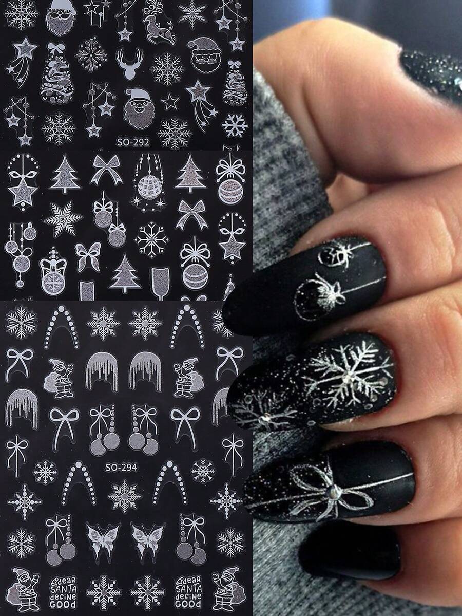 3 PIEZAS Pegatinas de uñas con brillo plateado festivo y navideño, diseños brillantes de Papá Noel, árbol de Navidad, ciervos, bolas, copos de nieve, estrellas y lazos para manicura, suministros de uñas autoadhesivos para decoración de uñas de invierno y Año Nuevo