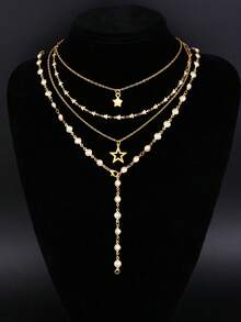 1/2pcs Set Vintage Minimalist Elegant Star Pendant Necklace With Faux Pearl Embellished Y-Shaped Long Chain, Versatile Jewelry Suitable For Women Daily, Party, Date, Vacation, Christmas, Halloween Gift