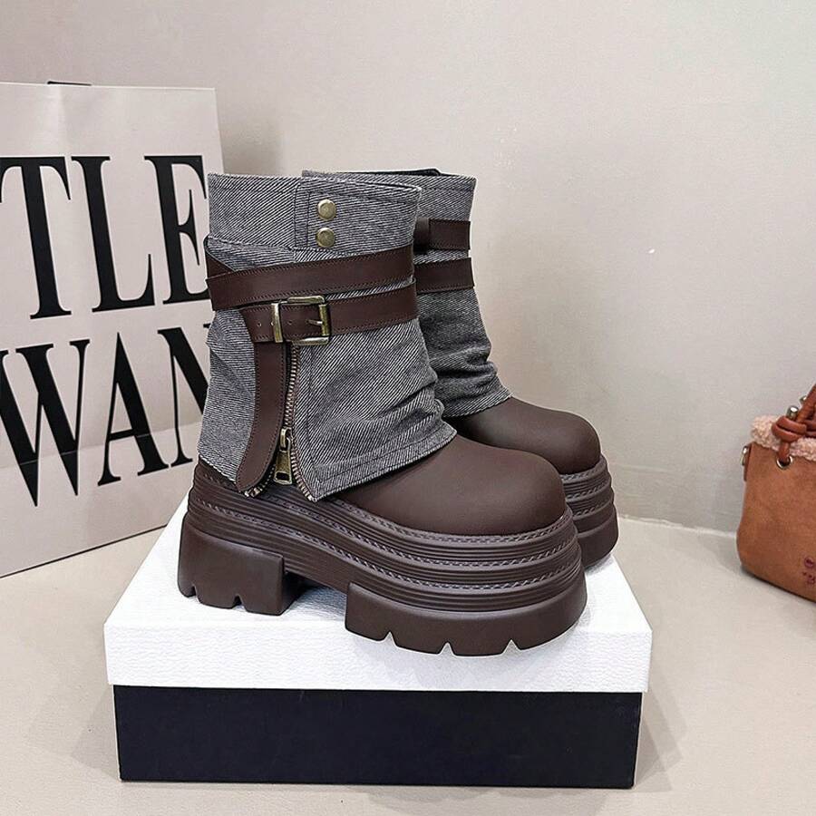 2025 Nuevos zapatos de mujer para otoño e invierno con tacón oculto, suela gruesa y cortos para mujeres elegantes - Marrón - Ver 1