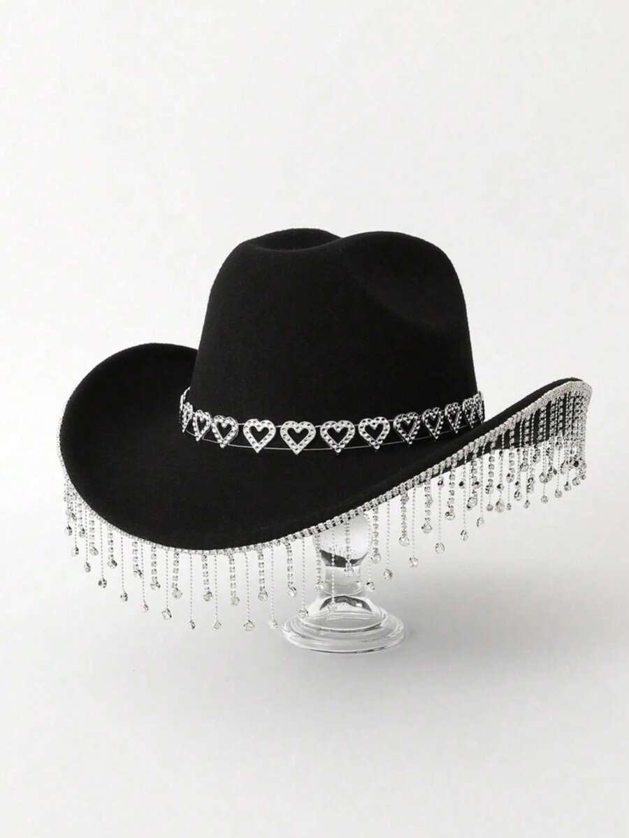 1pc Unisex Solid Color Water Drop Tassel Pendant Western Cowboy Hat Boho Ridge Cowgirl Hat Panama Hat Sun Hat Jazz Hat Soft Felt Fedora Hat - Black - View 1