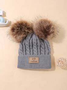 Baby Double Pom-Pom Knitted Hat With Braided Pattern And Car Logo Design The Car Logo Has A Heart FASHION Unisex For Girls Fashionable Casual Outfit For Autumn And Winter. - Double Pompom Knitted Hat - View 6