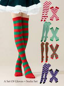 1 Set Women's Christmas Striped Thigh High Socks + Gloves, Red/White, Green/White, Red/Green, Purple/Black Striped Knee Socks, Suitable For Stage Performance, Cosplay, Christmas Party, Winter Warm Socks, Y2K Style