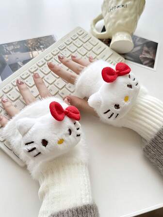 Sanrio 1 双 Hello Kitty 毛绒水钻手套，厚实温暖，适合冬季，可爱卡通设计，灵活方便，适合秋冬季