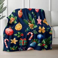 Merry Christmas Throw Blanket - Soft Warm Cozy Flannel All-Season Couch Bed Blanket With Festive Dark Blue Holiday Print (Candy Canes, Holly, Snowflakes, Pine Cones, Ornaments) - Machine Washable For Home, Travel, Camping, Office - Perfect Christmas Gift, Christmas Blankets, Christmas Decor-280gsm