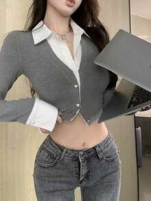 Áo len nữ dài tay màu trơn, cài nút hình trái tim, phối màu tương phản, kiểu dáng thường ngày, thích hợp cho mùa xuân. - Màu Xám nhạt - Xem 6