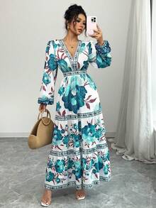 Women's Long Dress With A Floral Print, A-Line Cut, Fitted At The Waist, And Puff Sleeves. This Dress Is Elegant And Romantic, Perfect For Dates, Vacations, Holidays, And Other Occasions. - 綠色 - 查看 1