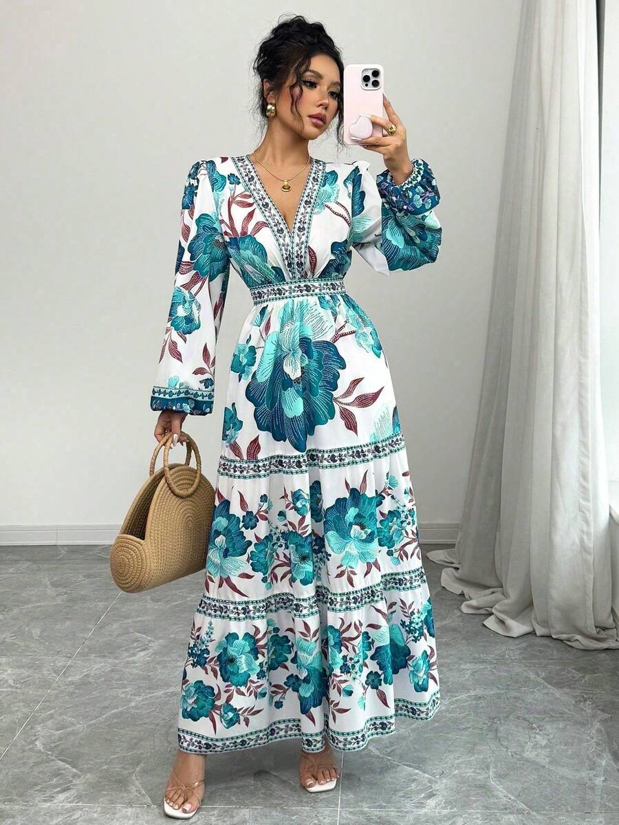 Women's Long Dress With A Floral Print, A-Line Cut, Fitted At The Waist, And Puff Sleeves. This Dress Is Elegant And Romantic, Perfect For Dates, Vacations, Holidays, And Other Occasions. - 綠色 - 查看 1