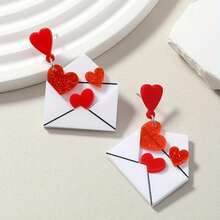 Red Heart Hanging Earrings, Party Cartoon Style Acrylic Jewelry, Valentine's Day Couple Gift - [紅色的] - 查看 4