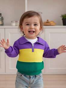 Toddler Baby Boy Carnival Sweatshirt Pullover Long Sleeve Lapel Collar Patchwork Upper Zipper Fall Tops - 紫色 - 查看 4