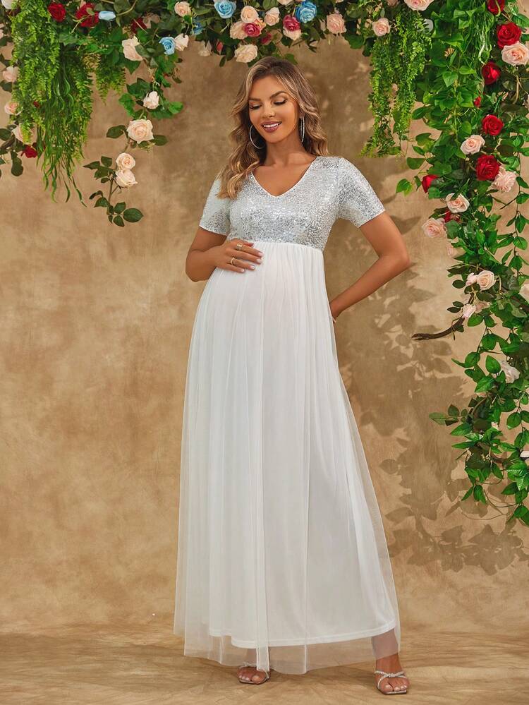 Joyfunear Pregnant Women's Sequin Decor Minimalist Daily Wear Mesh Short Sleeve Dress - Silver - View 4