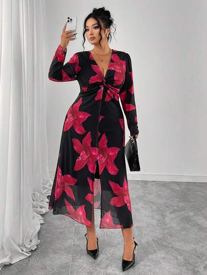 Elegante abito lungo da donna taglie forti con maniche lunghe, scollo a V profondo, stampa floreale, nodo frontale e spacco sul fondo