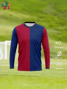 1件定制巴塞罗那儿童长袖运动球衣 - 可个性化定制姓名和号码（正面/背面） - 红蓝拼接设计 - 速干透气面料 - 适合足球、排球、篮球、休闲穿着，也是万圣节、感恩节、圣诞节和新年等节日的理想礼物