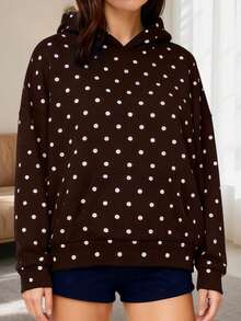 Women Casual Fall Hooded Sweatshirt With Front Pocket Dot Print Casual Long Sleeve Pullover Hoodies Outwear - 咖啡色 - 查看 2