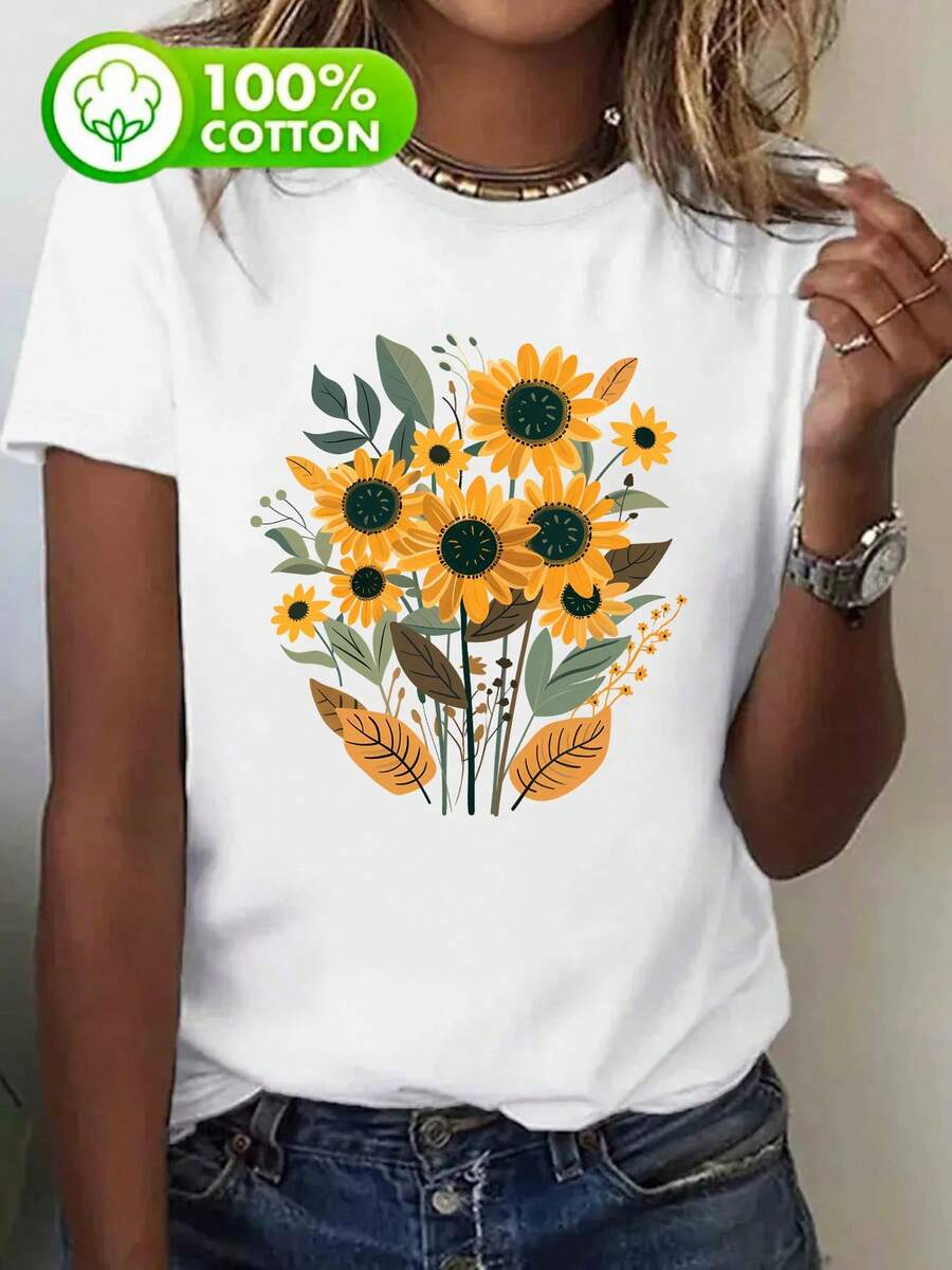 Camiseta de Mujer con Estampado de Girasoles Negros - Diseño Vibrante de Ramo, Tejido Transpirable 180gsm Absorbente de Humedad, Top Casual y Deportivo de Manga Corta con Cuello Redondo para Primavera/Verano, Lavable a Máquina, Camiseta de Girasol Festiva, Ropa Cómoda - blanco - Ver 1