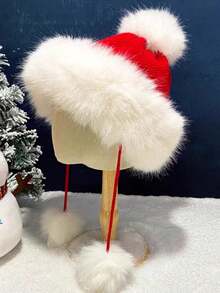 1 件蓬松流苏圣诞帽，圣诞氛围帽，温暖挂球针织帽，适合秋冬季 - 彩色 - 查看 3