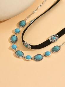 2 件套西部牛仔风格绿松石串珠颈链，手工制作时尚个性化锁骨链，适合日常佩戴、旅行和聚会 - 彩色 - 查看 3