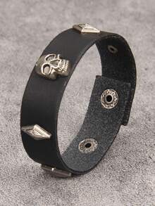 1 pieza Brazalete vintage estilo punk rock con calavera, brazalete de PU personalizado unisex para moda y actuaciones, regalo de Halloween, accesorio diario