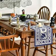 [Muertos Mexican Table Runner] 1pc, Muertos Mexican Table Runner, Heat Insulation Table Pads, Blue Patchwork Tiles Kitchen Dining Table Decoration For Home, Party Decor - 彩色 - 查看 5
