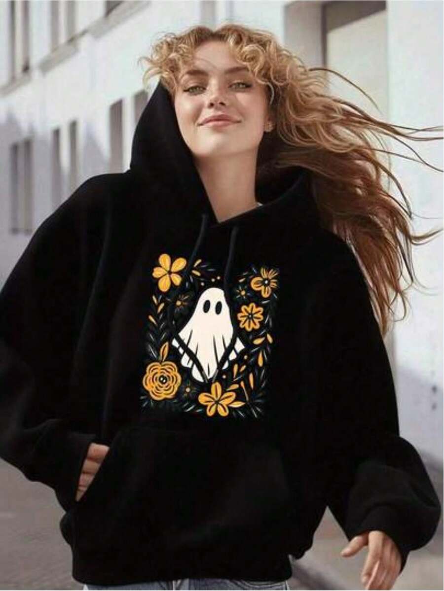 Women's Gothic Floral Print Hoodie - Oversized Loose Fit Hoodie With Spooky Cute Bat Wing Design, KangarooPocket, Machine Washable, Comfortable Fall Winter Pullover, Casual, Halloween Costumes Nightmare Before Christmas - 黑色 - 查看 1