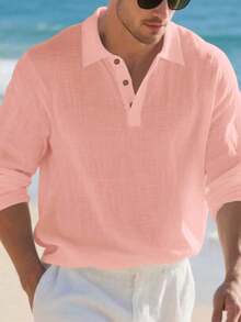 Men's Lightweight Linen Long Sleeve Polo Shirt, Half-Zip Button Design, Breathable And Comfortable, Suitable For Beach, Outdoor Activities, Family Gatherings (Note: White, Light Blue, Etc. Colors Are Slightly Sheer; European And American Sizes Run Large, Recommend Ordering One Size Down) - Baby Pink - View 4