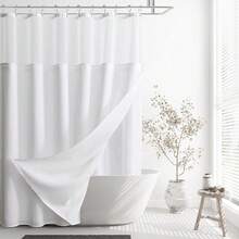 Extra Long Shower Curtain 84 Length, Heavy Duty White Linen Fabric Shower Curtain Set With Liner And Hooks, Simple Elegant Country Farmhouse Bath Curtains For Bathroom, Mesh Top Window{"Color_name":"White-DoubleLayer","Size_name":"72\"Wx84\"L(Packof1)"} - 多色8 - 查看 1