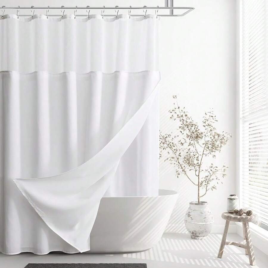 Extra Long Shower Curtain 84 Length, Heavy Duty White Linen Fabric Shower Curtain Set With Liner And Hooks, Simple Elegant Country Farmhouse Bath Curtains For Bathroom, Mesh Top Window{"Color_name":"White-DoubleLayer","Size_name":"72\"Wx84\"L(Packof1)"} - 多色8 - 查看 1