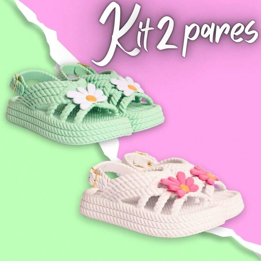 Kit Of 2 Pairs Of Girls' Daisy Sandals, Lightweight And Comfortable, Braided School Shoes - 白色+綠色 - 查看 1