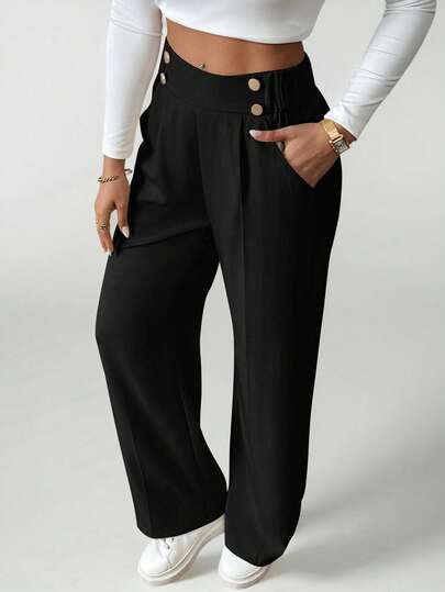 Calças de escritório femininas elegantes, de cor sólida, com dois botões e perna reta, com cós elástico